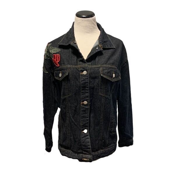 Thirty 6 Point 5 Denim Jacket With Rose Appliqué Sz L - Picture 1 of 6